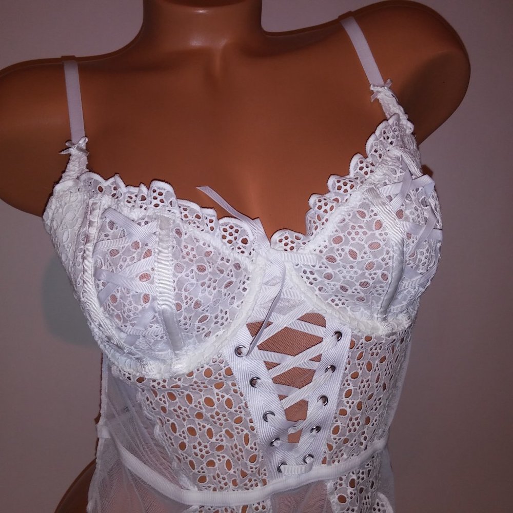Victoria Secret Lingerie Teddy One Piece Bodysuit White Eyelet Sheer Thong‎ Back - Picture 4 of 16